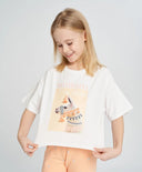 Crop-top tricou pentru fată, alb, cu mânecă scurtă și imprimeu, Button Blue