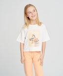 Crop-top tricou pentru fată, alb, cu mânecă scurtă și imprimeu, Button Blue