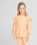 Hanorac pentru fete oversized portocaliu cu volane și imprimeu Button Blue
