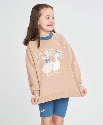 Hanorac pentru fete oversized bej cu imprimeu „Găște” Button Blue