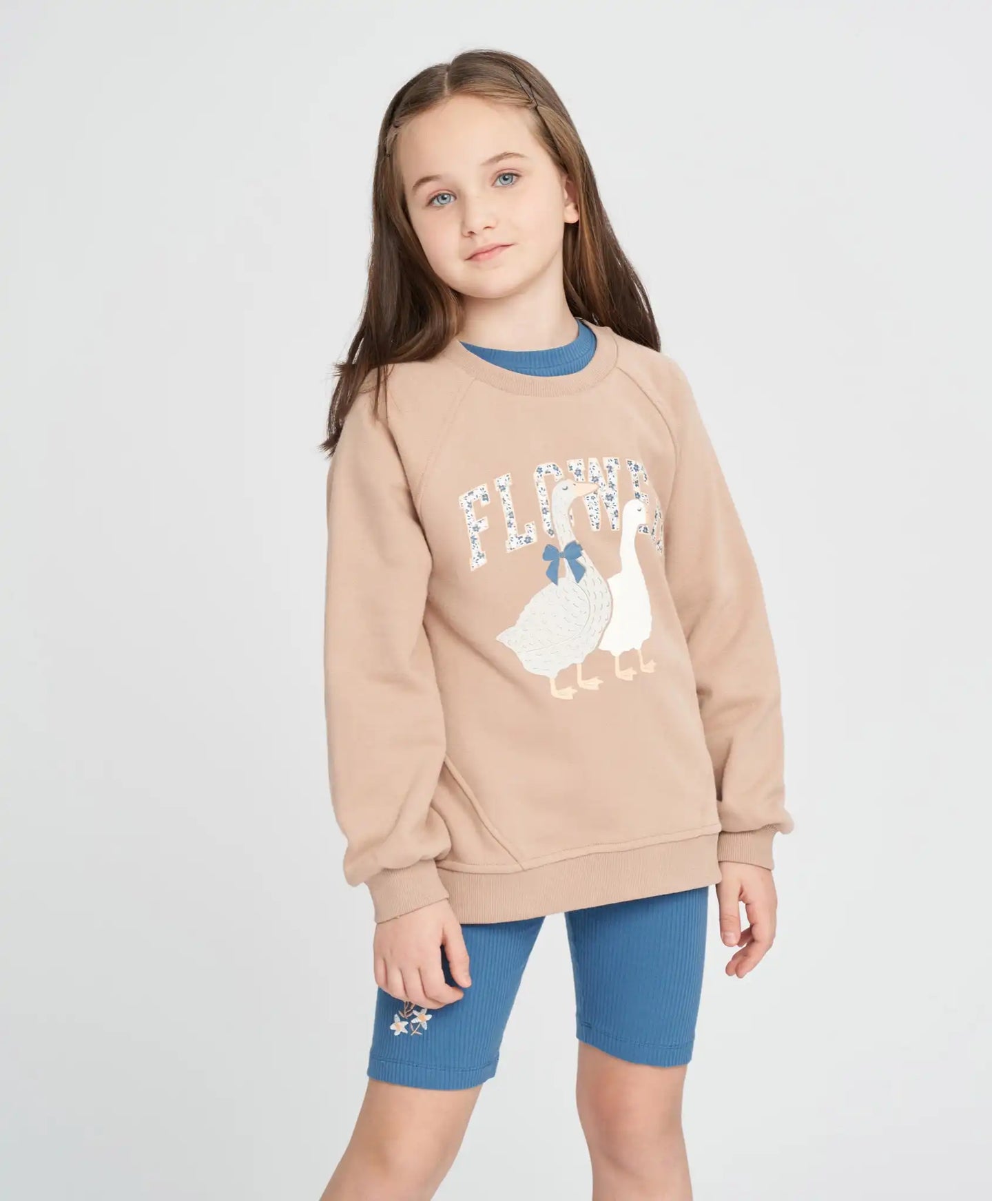 Hanorac pentru fete oversized bej cu imprimeu „Găște” Button Blue