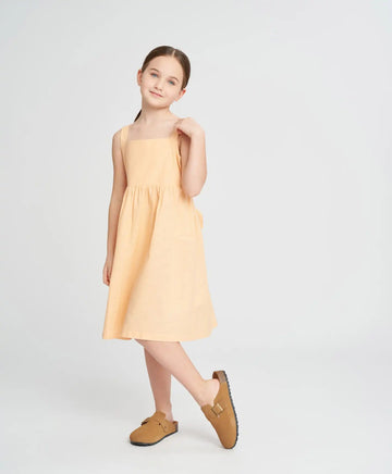 Sărafan din in cu bretele subțiri pentru fete, portocaliu, cu fundiță Button Blue