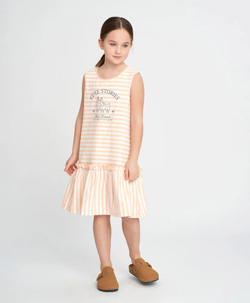 Sărafan pentru fete cu mâneci scurte, dungi și imprimeu multicolor Button Blue