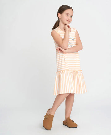 Sărafan pentru fete cu mâneci scurte, dungi și imprimeu multicolor Button Blue