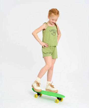 Pantaloni scurți pentru fată, verzi, ușori, cu talie elastică și imprimeu, Button Blue