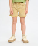 Pantaloni scurți din denim pentru fată, alb-lăptos, cu talie elastică și franjuri, Button Blue