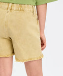 Pantaloni scurți din denim pentru fată, alb-lăptos, cu talie elastică și franjuri, Button Blue