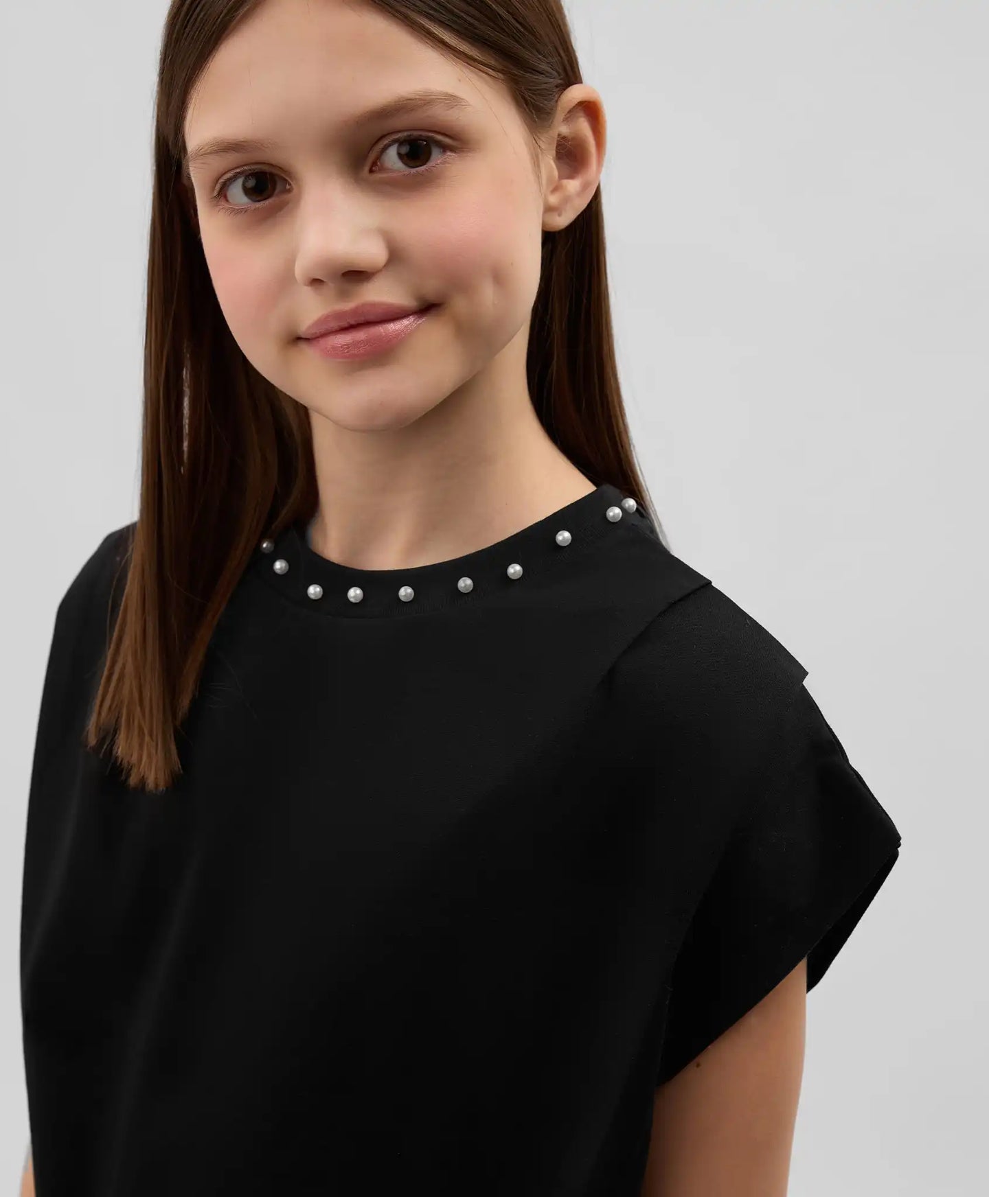 Tricou cu mânecă lungă din interlock mercerizat cu mărgele perlate, negru, Gulliver