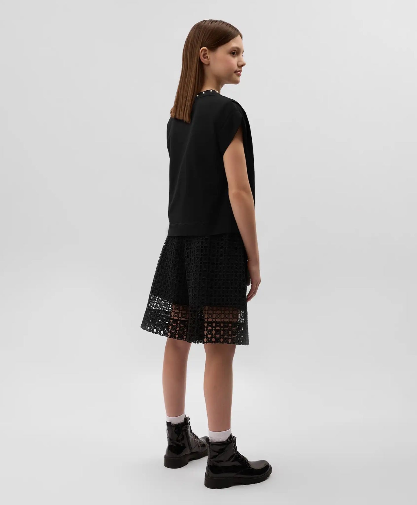 Tricou cu mânecă lungă din interlock mercerizat cu mărgele perlate, negru, Gulliver