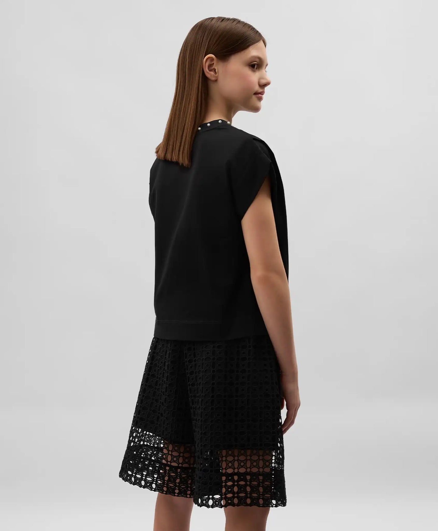 Tricou cu mânecă lungă din interlock mercerizat cu mărgele perlate, negru, Gulliver