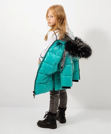 Palton de iarnă din material de ploaie lucios, cu fermoar lateral, turcoaz, Gulliver