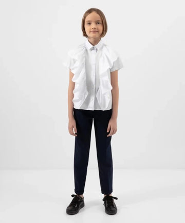 Bluză cu mânecă scurtă și volane mari, albă, Gulliver