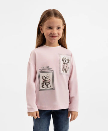 Longsleeve cu decorație expresivă roz pentru fete Gulliver