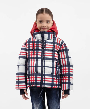 Geacă semilung cu căptușeală matlasată și guler detașabil cu glugă în carouri pentru fete, Gulliver