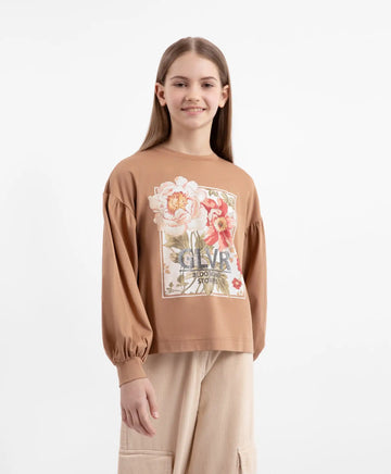 Longsleeve tricotat cu mâneci voluminoase și imprimeu maro pentru fete Gulliver