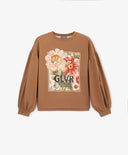 Longsleeve tricotat cu mâneci voluminoase și imprimeu maro pentru fete Gulliver