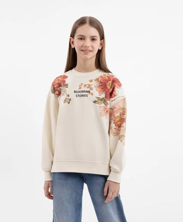 Hanorac oversized cu imprimeu asimetric crem pentru fete Gulliver