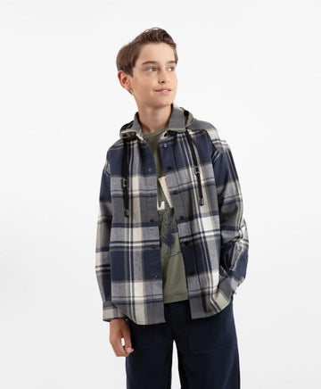 Cămașă flanelată oversized cu mâneci lungi și glugă din material carouri pentru băiat Gulliver