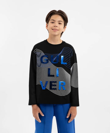 Longsleeve tricotat cu imprimeu negru pentru băieți Gulliver