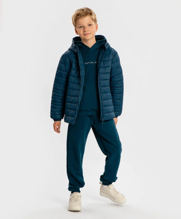 Geacă de sezon intermediar cu glugă, matlasată, albastră, pentru copii, Button Blue