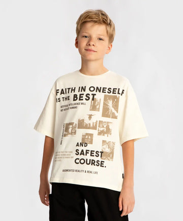 Tricou cu mânecă scurtă și imprimeu, crem, pentru băiat, Button Blue