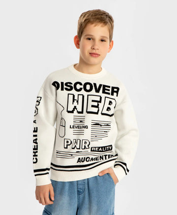 Pulover cu imprimeu jacquard pe tematică digitală, crem, pentru băiat, Button Blue