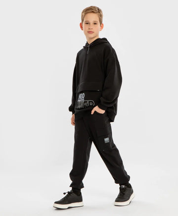 Joggeri cargo, cu trei buzunare și talie elastică, negri, pentru băiat, Button Blue