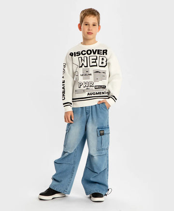 Blugi largi Antifit, cu patru buzunare, albaștri, pentru copii, Button Blue