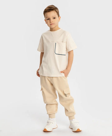 Tricou cu mâneci scurte și buzunar crem pentru băieți Button Blue