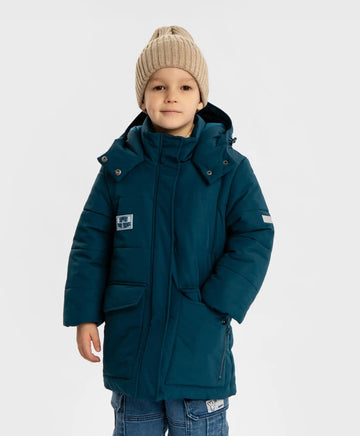 Palton semilung de sezon intermediar cu glugă și manșete albastre pentru băiat, Button Blue