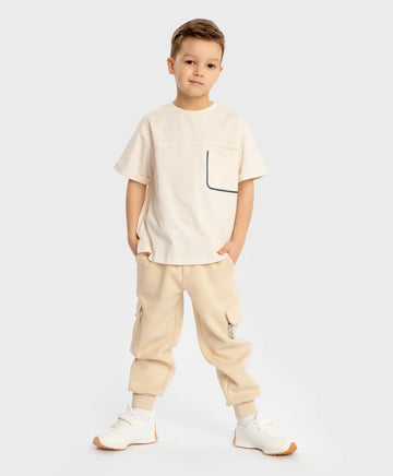 Joggeri cargo căptușiți, cu imprimeu și patru buzunare, bej, pentru băiat, Button Blue