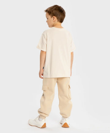 Joggeri cargo căptușiți, cu imprimeu și patru buzunare, bej, pentru băiat, Button Blue