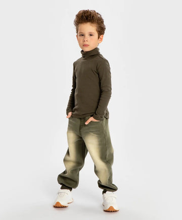 Pantaloni din denim, cu talie elastică și efect de uzură, verzi, pentru băiat, Button Blue