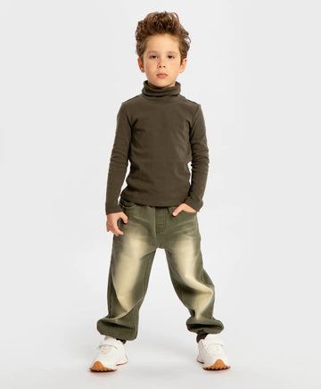 Pantaloni din denim, cu talie elastică și efect de uzură, verzi, pentru băiat, Button Blue