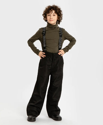 Pantaloni căptușiți, de sezon intermediar, cu bretele detașabile, negri, pentru copii, Button Blue