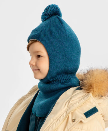 Balaclava căptușită cu pompon albastră pentru copii Button Blue