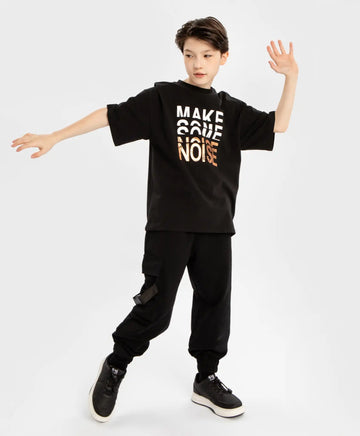 Pantaloni jogger, cu talie elastică și trei buzunare, negri, pentru băiat, Button Blue