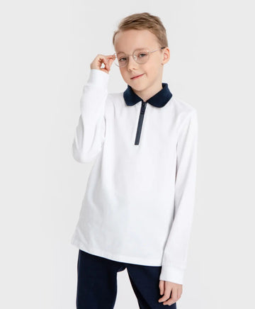 Polo cu guler și fermoar, alb, Button Blue