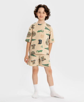 Pijamale cu pantaloni scurți și tricou cu imprimeu, bej, pentru băiat, Button Blue