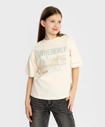 Tricou cu mâneci scurte și imprimeu crem pentru fete Button Blue