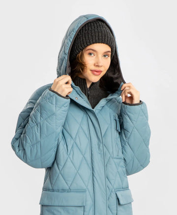 Palton intermediar matlasat, cu glugă și buzunare mari, albastru, pentru fată, Button Blue