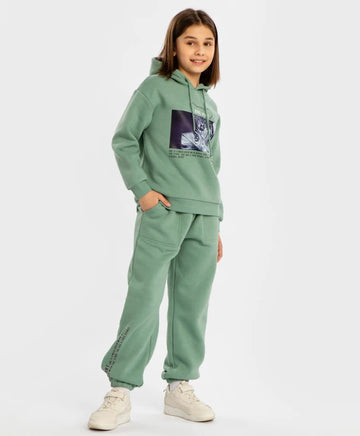 Joggeri căptușiți, cu talie elastică și imprimeu, verzi, pentru fată, Button Blue