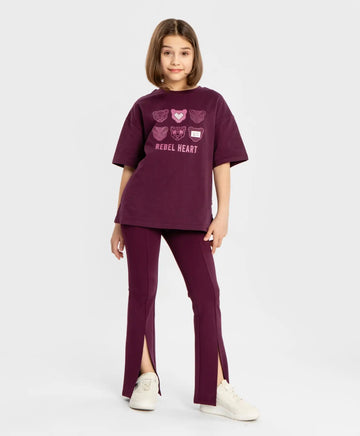 Pantaloni tricot bootcut, cu tăieturi frontale, mov, pentru fată, Button Blue