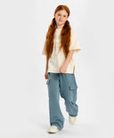 Pantaloni cargo largi, cu talie elastică și efect de uzură, albaștri, pentru copii, Button Blue