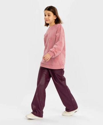 Pantaloni palazzo largi, din piele vegană, mov închis, pentru fată, Button Blue