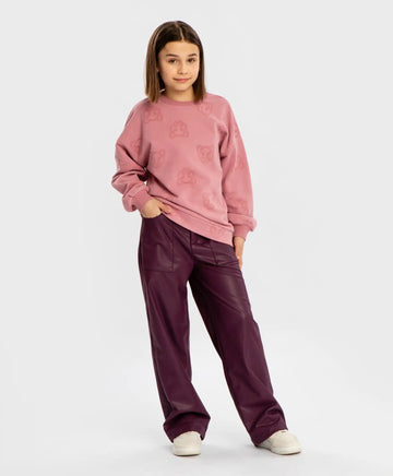 Pantaloni palazzo largi, din piele vegană, mov închis, pentru fată, Button Blue