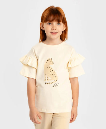 Tricou cu mâneci scurte și volan crem pentru fete Button Blue