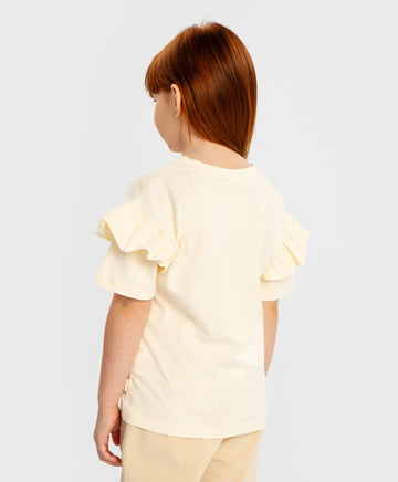 Tricou cu mâneci scurte și volan crem pentru fete Button Blue