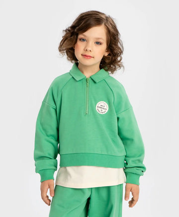 Hanorac scurt cu guler deschis și fermoar verde pentru fete Button Blue