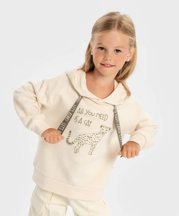 Hoodie cu glugă și imprimeu crem pentru fete Button Blue